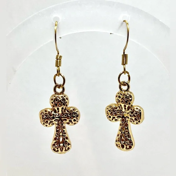 NWT Gold Cross Earrings Drop Dangle Textured 3D 18k gold plated hook boutique - Picture 2 of 10